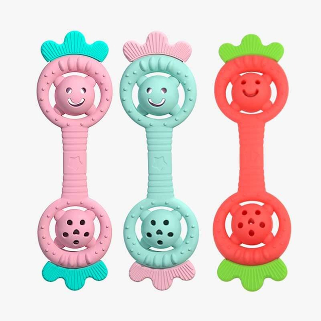 Silicone Strawberry Rattle Teether — Dual-End Bell Rattle Dumbbell Teething Toy