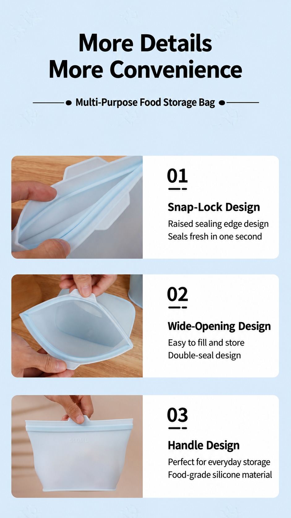 Reusable food-grade silicone storage bag with 500 ml 1000 ml and 1500 ml size options