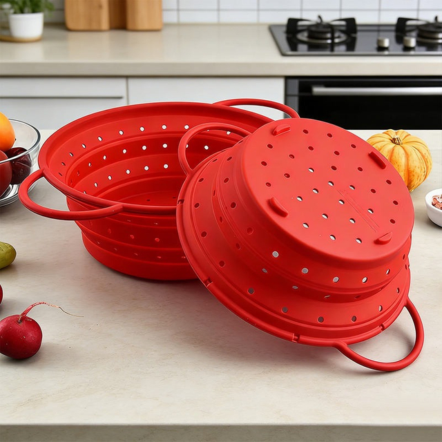 Collapsible Silicone Colander & Steamer Basket – Foldable Space-Saving Draining Basket, -60°C to 230°C, LFGB & BPA-Free | OEM Custom Logo