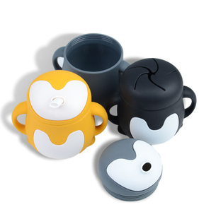 BPA Free Penguin Silicone Baby Snack & Drink Cup 3-in-1 – 300ml Toddler Training Sippy Cup with Straw Lid, OEM/ODM Available