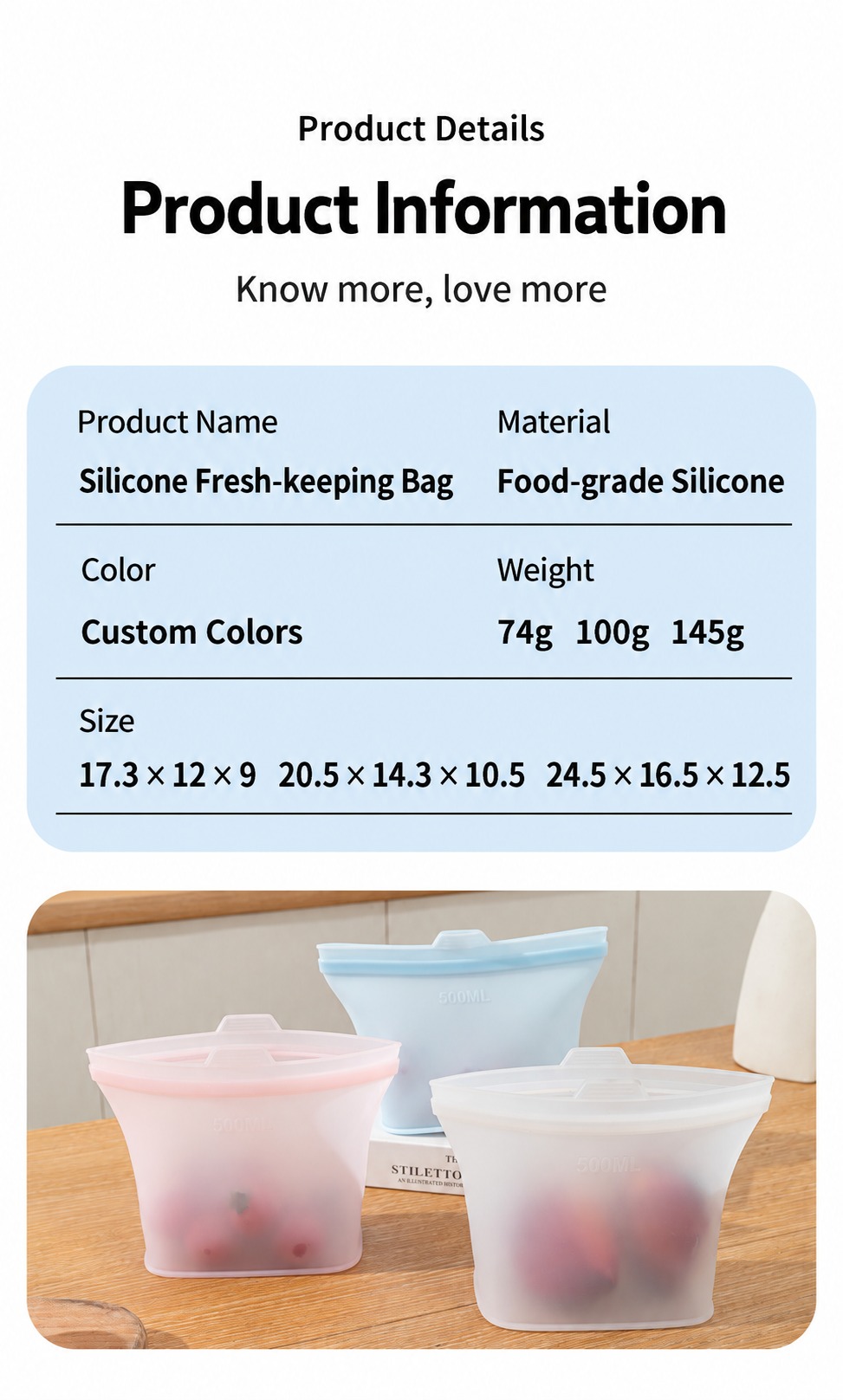 Self-sealing reusable silicone food storage bag with wide opening and handle design