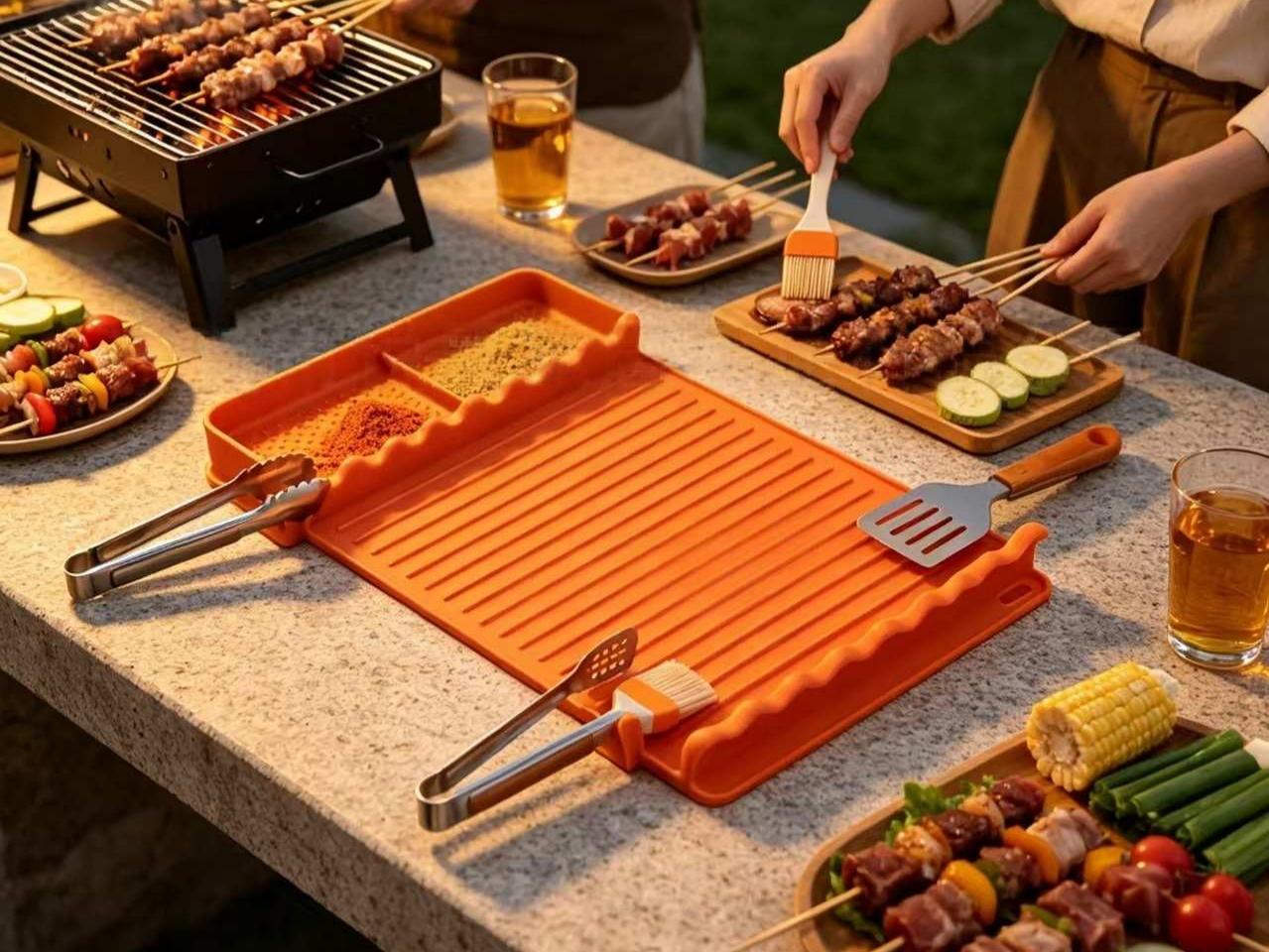 Yellow food-grade silicone BBQ tool mat with utensil organizer slots