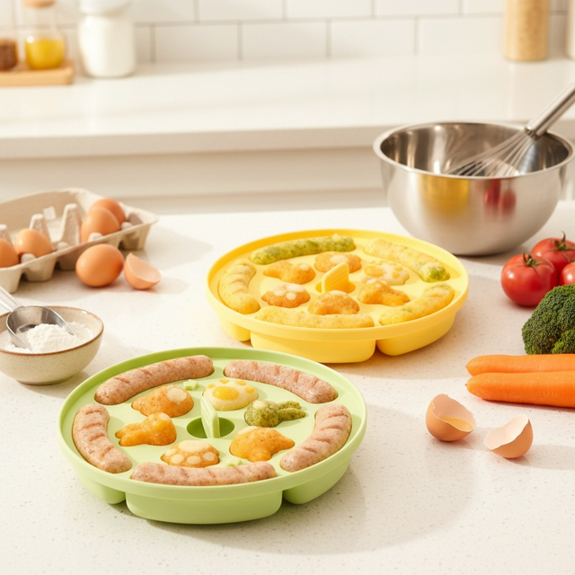 2-in-1 Silicone Baby Food Steamer Mold – Round Cute Animal Steamed Cake & Sausage Mold with Vent Holes & Heat-Resistant Handle | OEM Custom Logo
