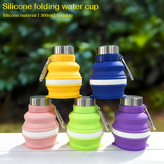 300ml BPA-Free Folding Silicone Water Bottle with Stainless Steel Carabiner – Lightweight Kids & Outdoor Travel Bottle | OEM Custom Logo
