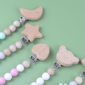 Natural Beech Wood Silicone Pacifier Clip Chain – 6 Shapes, DIY Bead Mix, BPA Free | OEM Wholesale