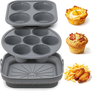 Silicone Air Fryer Accessories Set 3-in-1 – Collapsible Liner, 7-Cup Muffin Pan & 4-Cup Egg Bite Mold with Steel Frame