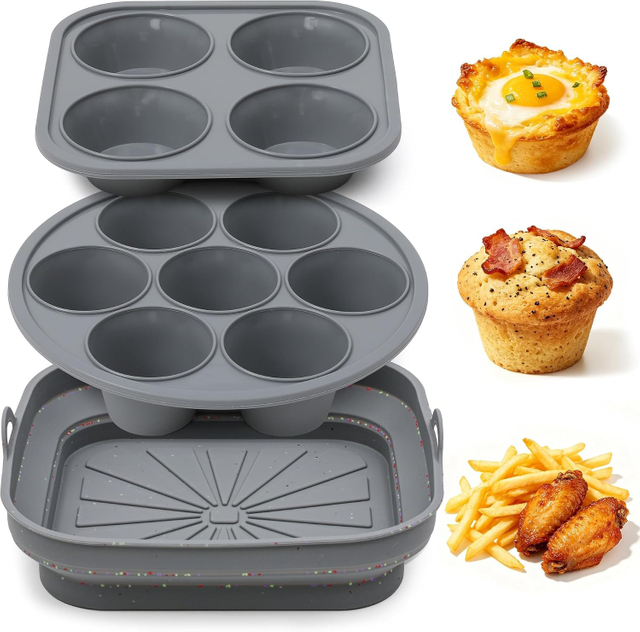 Set di accessori per friggitrice ad aria in silicone 3-in-1: rivestimento pieghevole, teglia per muffin da 7 tazze e stampo per morsi di uova da 4 tazze con telaio in acciaio