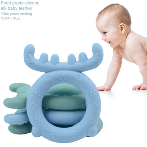 BPA Free One-Piece Elk Shape Silicone Baby Teether Ring – Multi-Point Gum Massager Wrist Teether for 3 Months+, OEM/ODM Available