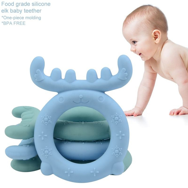 BPA Free One-Piece Elk Shape Silicone Baby Teether Ring – Multi-Point Gum Massager Wrist Teether for 3 Months+, OEM/ODM Available